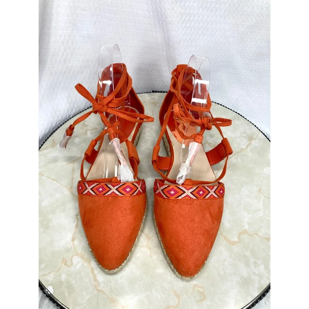 Nine West Ultrao Lace Up Espadrille Flats Womens 6.5 Orange Geometric Boho NWT